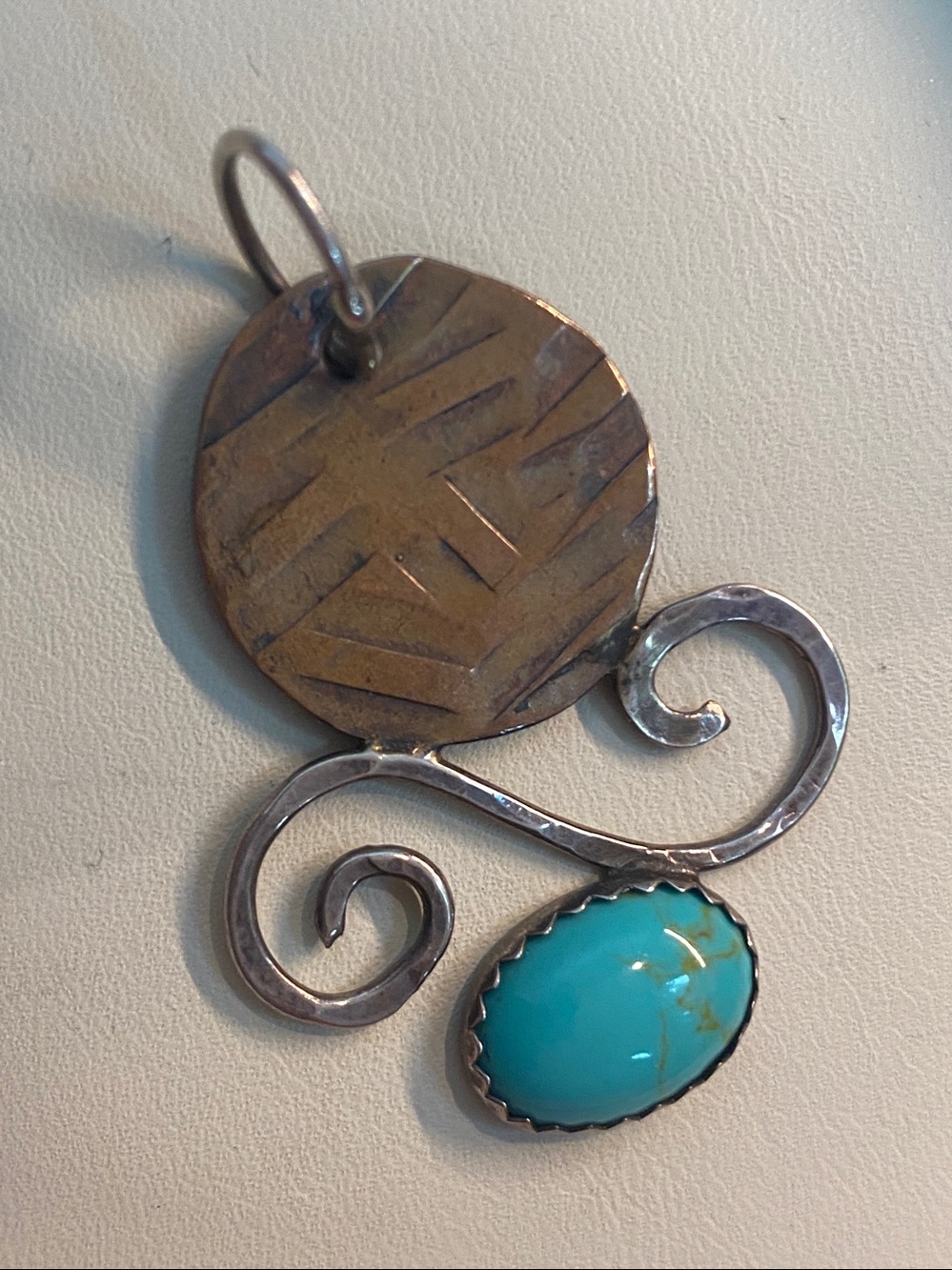 Artist Signed Sterling Silver Copper & Turquoise Native American Pendant